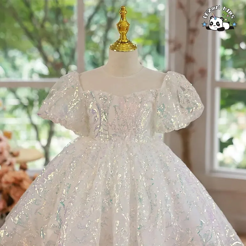 LEZONKIDS - Customize fashion puffy sleeve sequin Girl's princess pink dress flower girls' dresses for party